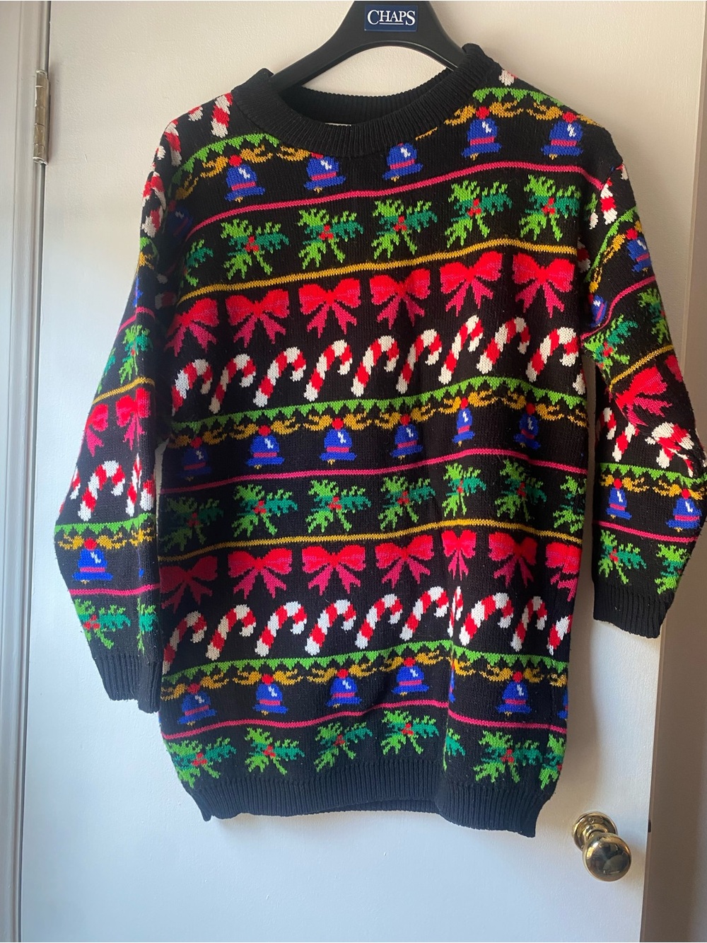 Venezia Black Holiday Crewneck Sweater with Red, Green & Blue Accents